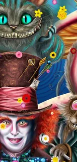 Alice in Wonderland featuring Mad Hatter, Cheshire Cat, and whimsical mushrooms.