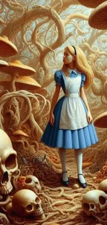 Alice in fantasy forest with skulls and mushrooms.