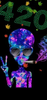 Colorful galaxy-themed alien smoking design with 420 text.