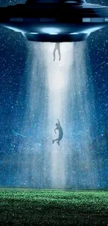 UFO abduction scene with starry night sky and beam of light on phone wallpaper.