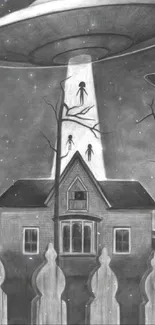 Vintage UFO illustration with house and alien figures in monochrome tones.