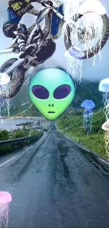 Alien and motocross bike on scenic road wallpaper