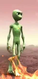 An alien figure stands in a desert-like landscape with a pale pink sky.