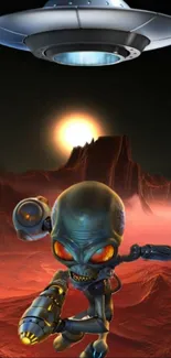 Alien character with UFO on Mars in sci-fi wallpaper.