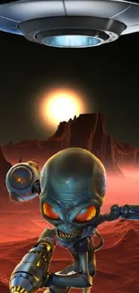 Alien character with UFO on Martian landscape mobile wallpaper.