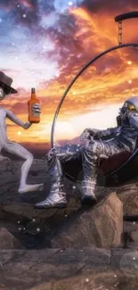 Alien and astronaut relaxing by the sunset on rocky terrain.