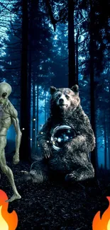 Mysterious alien and bear in dark blue forest with glowing orb.