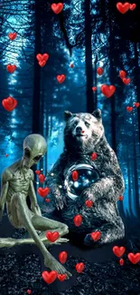 Alien and bear in mystical forest with floating red hearts.