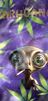 Alien with cannabis and galaxy background, unique mobile wallpaper design.