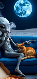 Alien smoking with cat on blue sofa under moonlight.