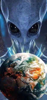 Alien holds Earth with a cosmic backdrop.