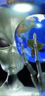 Alien holding Earth in captivating wallpaper.