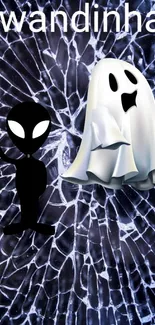 A whimsical alien and ghost on a cracked web background.