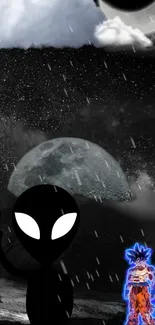 Alien silhouette and anime character in the rain with moonlit background.