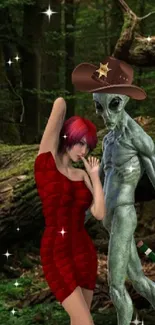 Alien and red-haired woman in a forest wallpaper.