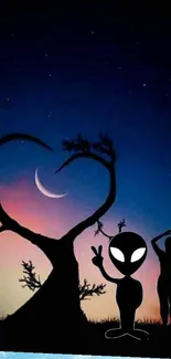 Alien silhouette with heart-shaped tree and crescent moon in the night sky.