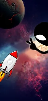 Alien and rocket in vibrant outer space scene.