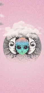 Surreal alien and sun mobile wallpaper on pink background.