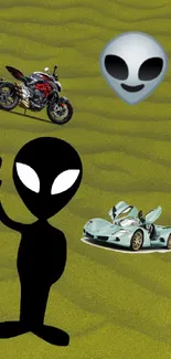 Alien, car, and motorcycle on sandy desert background.