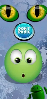 Green alien with 'Don't Panic' text on textured blue background.