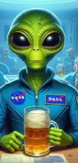 Green alien wearing NASA uniform holding a beer mug.