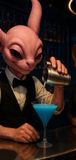 Alien bartender mixing a vibrant blue drink in a surreal scene.