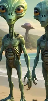 Two green aliens on a beach with surreal scenery.