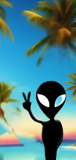 Alien silhouette on a tropical beach with palm trees and vibrant sky.