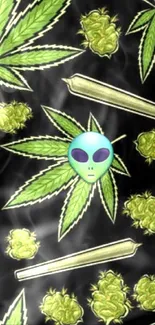 Alien-themed wallpaper with cannabis pattern on a dark background.