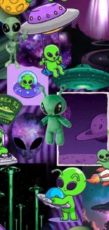 Colorful cartoon alien collage with UFOs and planets.