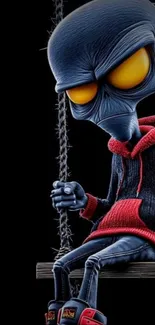 Dark alien character on swing, red and black tones.