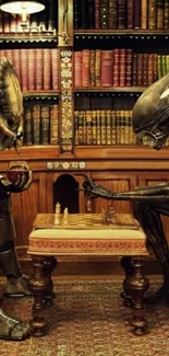 Aliens playing chess in a wooden library setting featuring bookshelves.