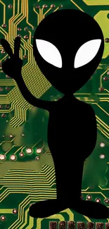 Black alien silhouette on green circuit board wallpaper.