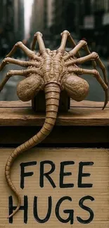 Alien creature offering 'Free Hugs' in city street art scene wallpaper.