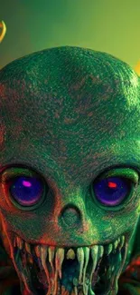 Green alien creature with sharp teeth, vivid colors, sci-fi horror art.