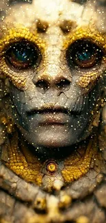 Intricate alien creature with golden textures and vivid eyes, perfect for sci-fi lovers.