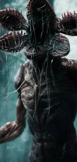 Alien creature with dark teal background creating an eerie atmosphere.