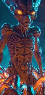 Sci-fi image of a glowing alien creature with intense eyes.