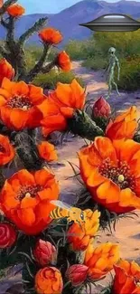 Orange desert flowers with alien and UFO.