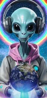 Alien DJ with headphones and Earth, surrounded by a rainbow aura.