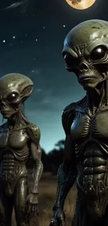 Aliens under a starry night sky in a sci-fi themed wallpaper.