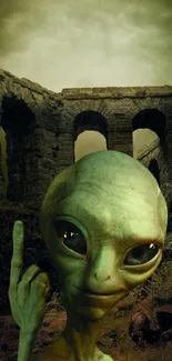 Alien figure standing in ancient stone ruins, an intriguing phone wallpaper.