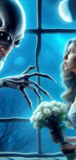 Alien reaching for woman under moonlit sky, holding flowers.