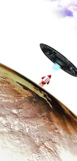 Illustration of a spaceship and UFO near a planet in outer space.