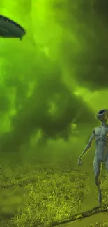 Alien encounter with UFO in eerie green night sky scene.