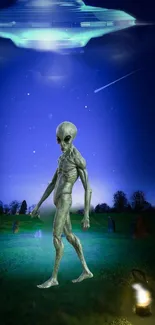 Alien figure under UFO with starry sky background.