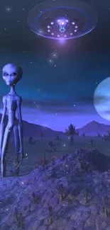 Alien nightscape with UFO hovering in a blue moonlit setting.