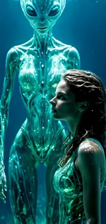 Alien and human in an ethereal encounter, underwater.
