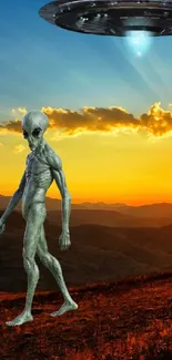 Alien and UFO under a vibrant sunset sky with mountain views.