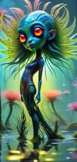 Alien humanoid in vibrant fantasy setting with glowing plants.